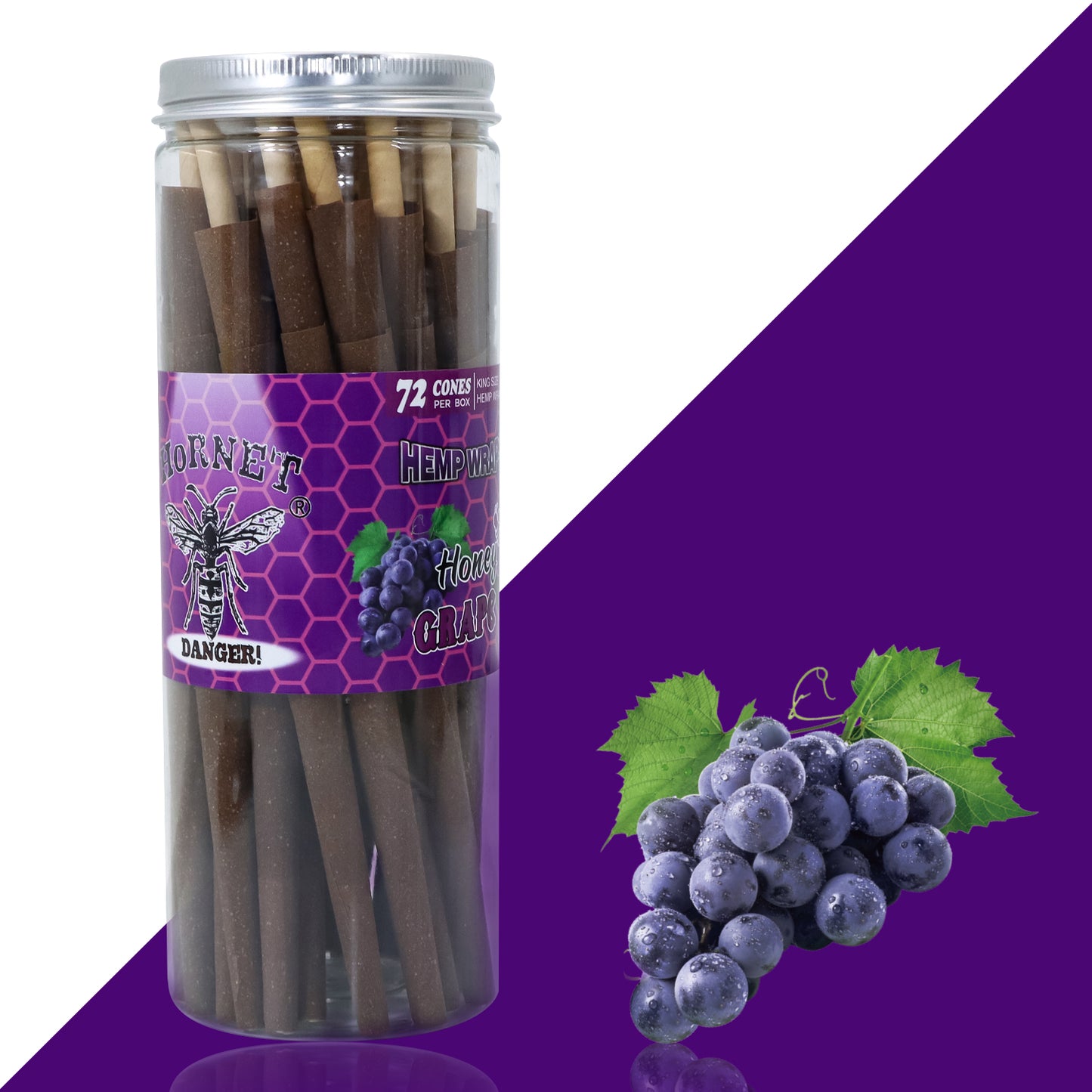HORNET Grape Flavored Pre Rolled Cones, King Size Brown Pre Rolled Rolling Paper with tips, Slow Burning Rolling Cones & load, 72 PCS / Jar