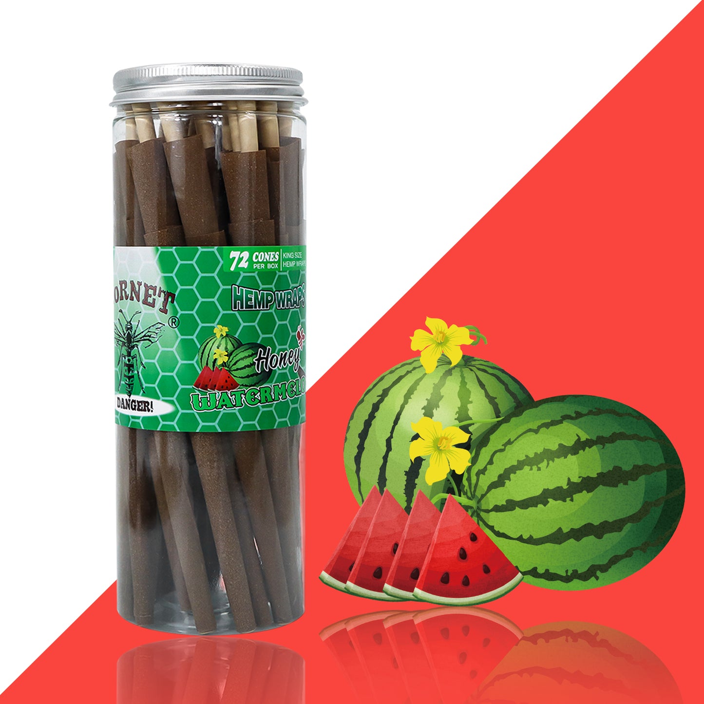HORNET Watermelon Flavored Brown Pre Rolled Cones, King Size Pre Rolled Rolling Paper with tips, Slow Burning Rolling Cones & load, 72 PCS / Jar