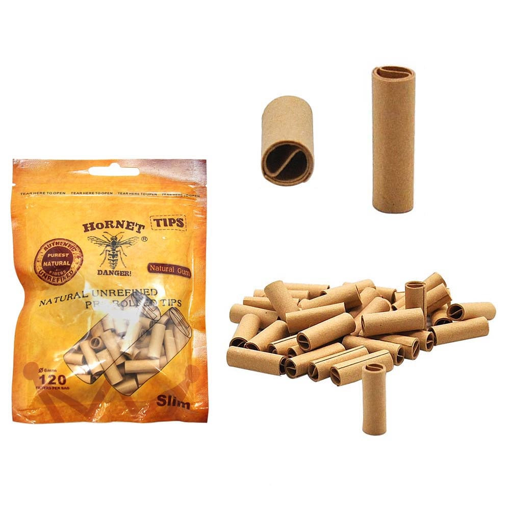 HORNET Ø 6 Slim Pre Rolled Tips, Brown Organic Cigarette Rolling Tips, 120 Tips / Pack
