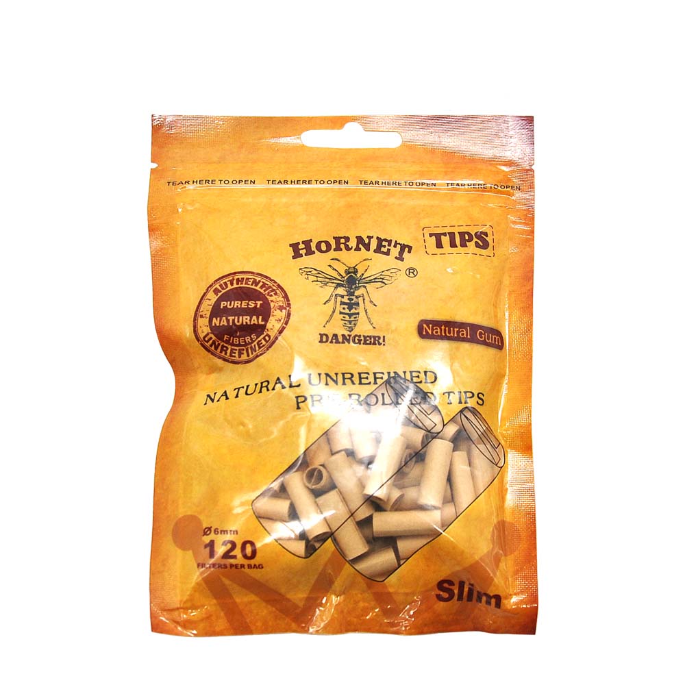 HORNET Ø 6 Slim Pre Rolled Tips, Brown Organic Cigarette Rolling Tips, 120 Tips / Pack