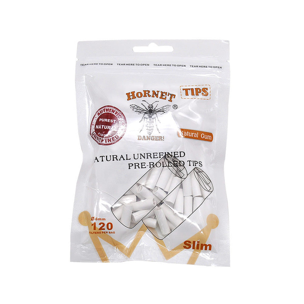 HORNET Ø 6 Slim Pre Rolled Tips, White Organic Cigarette Rolling Tips, 120 Tips / Pack