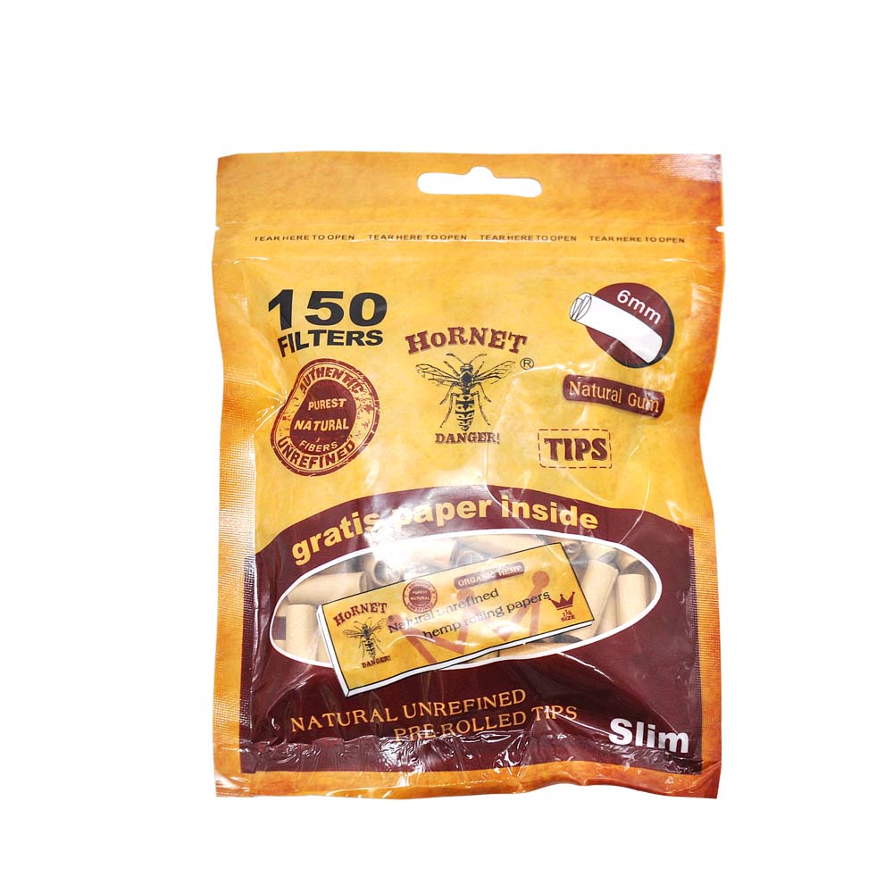 HORNET Ø 6 Slim Pre Rolled Tips, Brown Organic Cigarette Rolling Tips, 120 Tips / Pack