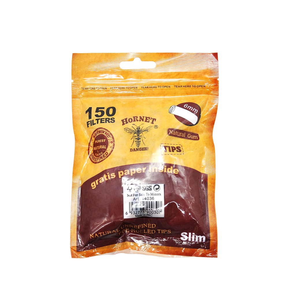 HORNET Ø 6 Pre Rolled Tips, Brown Organic Cigarette Rolling Tips, 150 Tips / Pack