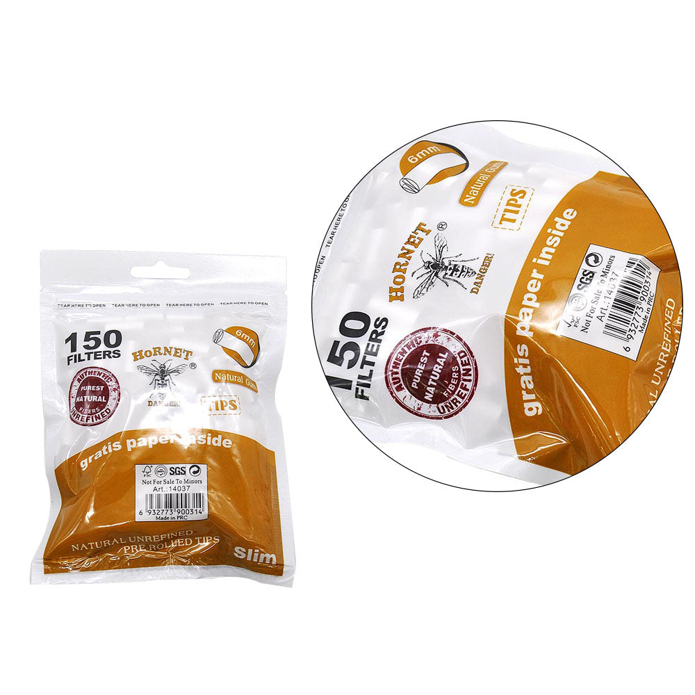 HORNET Ø 6 Pre Rolled Tips, White Organic Cigarette Rolling Tips, 150 Tips / Pack