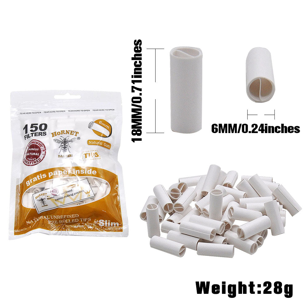 HORNET Ø 6 Pre Rolled Tips, White Organic Cigarette Rolling Tips, 150 Tips / Pack