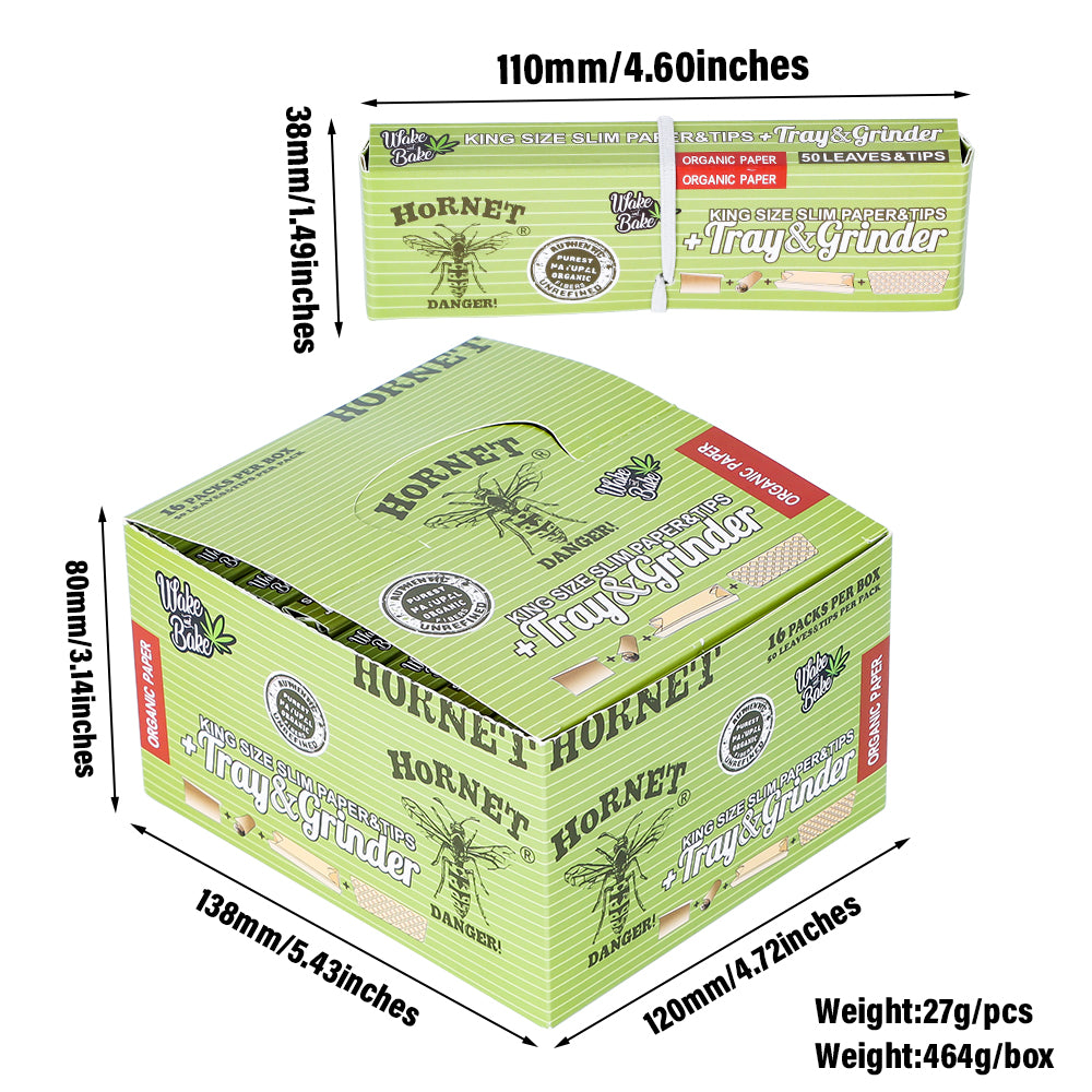 HORNET King Size Rolling Paper With Rolling Tips, Ultra Thin Natural Rolling Papers & Grinder, Green Package Kit, 50 PCS / Pack 16 Pack / Box
