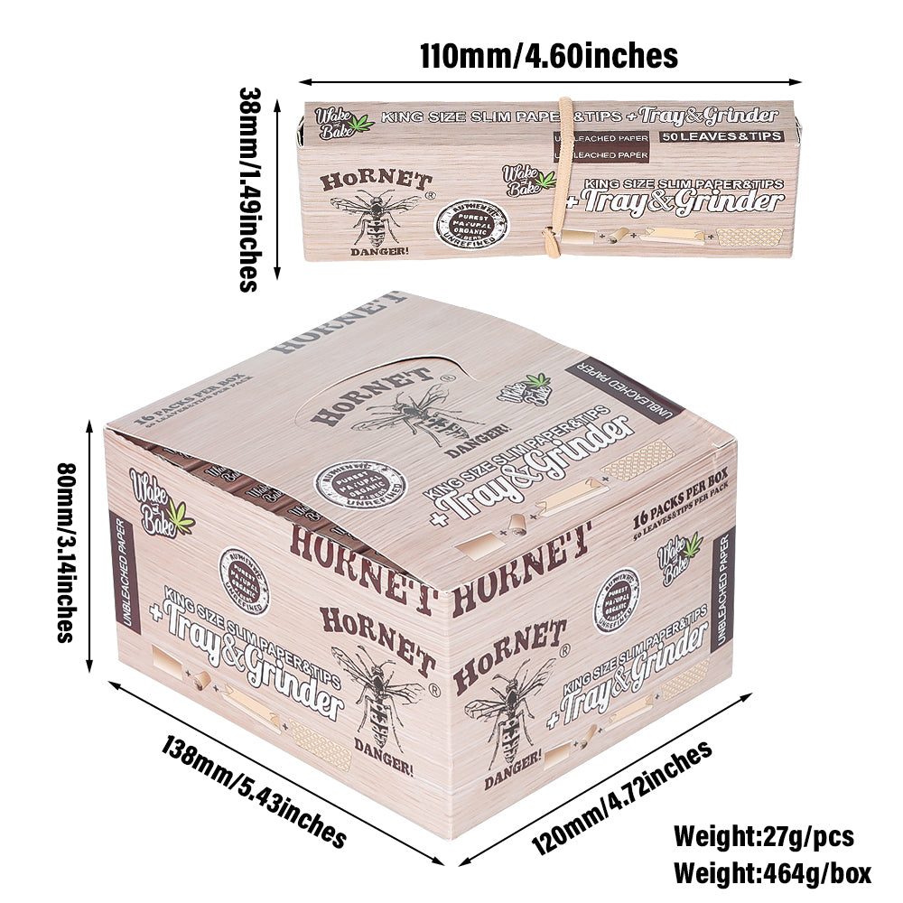 HORNET King Size Rolling Paper With Rolling Tips, Ultra Thin Natural Rolling Papers & Grinder, Brown Package Kit, 50 PCS / Pack 16 Pack / Box