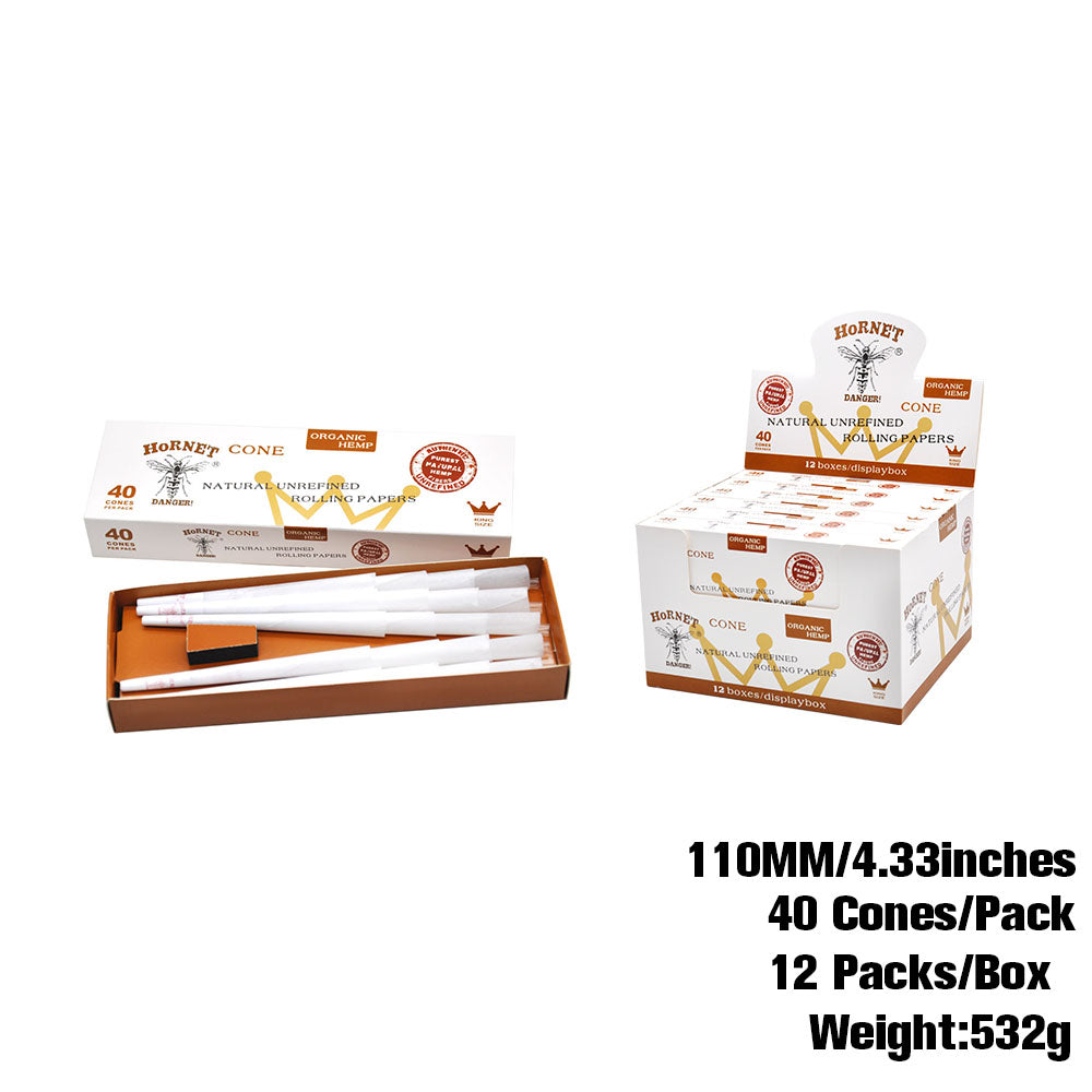 HORNET King Size White Pre Rolled Cones, Natural Rolling Cones, Slow Burning Pre Rolled Rolling Paper, 40 PCS / Pack 12 Packs / Box