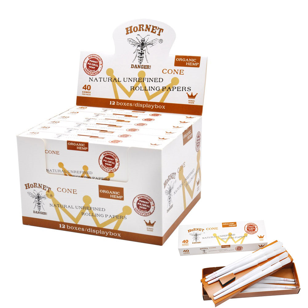 HORNET King Size White Pre Rolled Cones, Natural Rolling Cones, Slow Burning Pre Rolled Rolling Paper, 40 PCS / Pack 12 Packs / Box