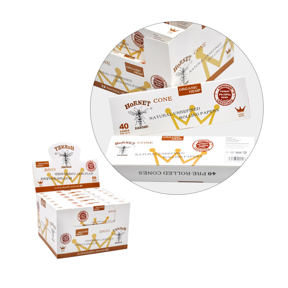 HORNET King Size White Pre Rolled Cones, Natural Rolling Cones, Slow Burning Pre Rolled Rolling Paper, 40 PCS / Pack 12 Packs / Box