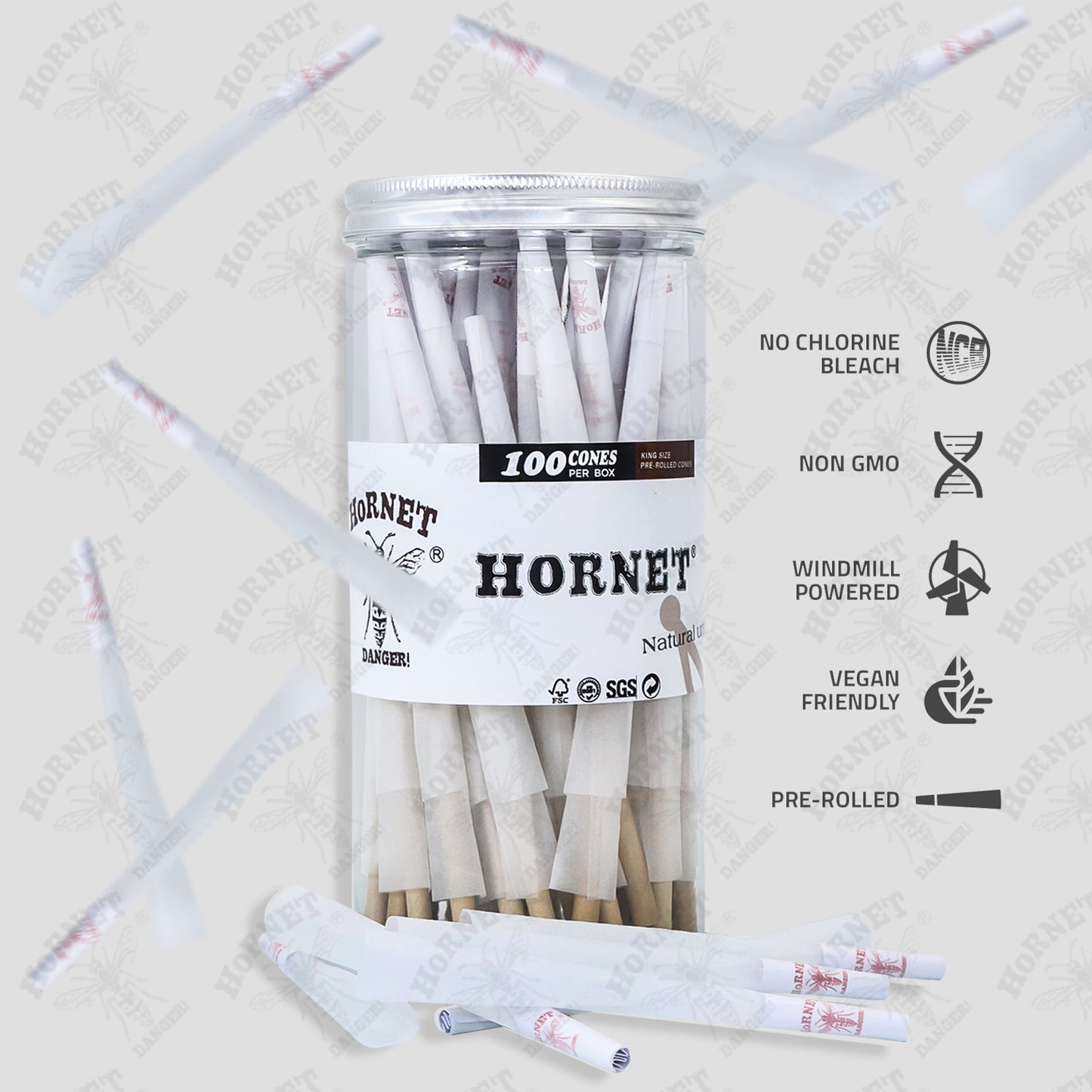 HORNET King Size White Pre Rolled Cones, Organic Rolling Cones With Tips, Slow Burning Pre Rolled Rolling Paper, 100 Pack