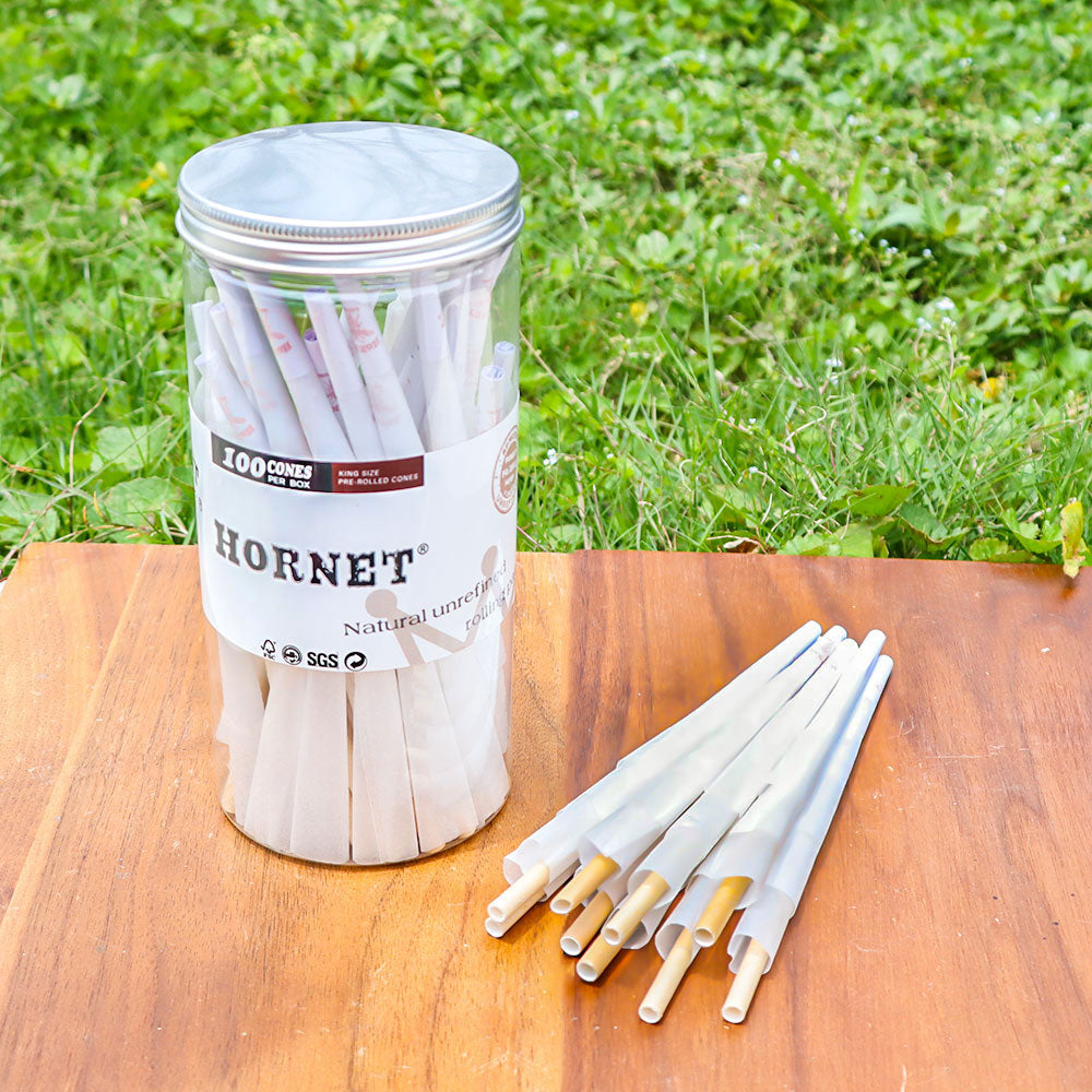 HORNET King Size White Pre Rolled Cones, Organic Rolling Cones With Tips, Slow Burning Pre Rolled Rolling Paper, 100 Pack