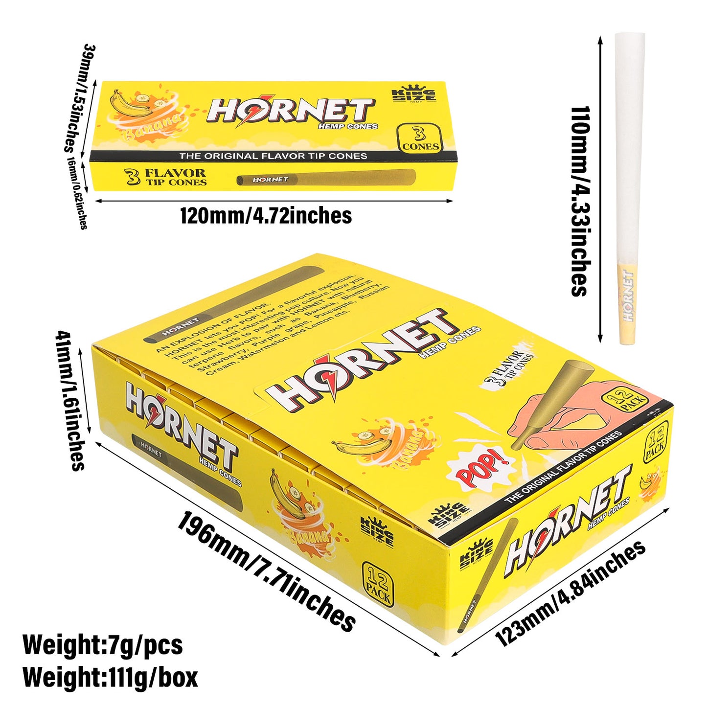 HORNET Banana Flavors Pre Rolled Cones With Tips, King Size Pre Rolled Rolling Paper & Flavored Pop, 3 PCS / Pack 12 Pack / Box