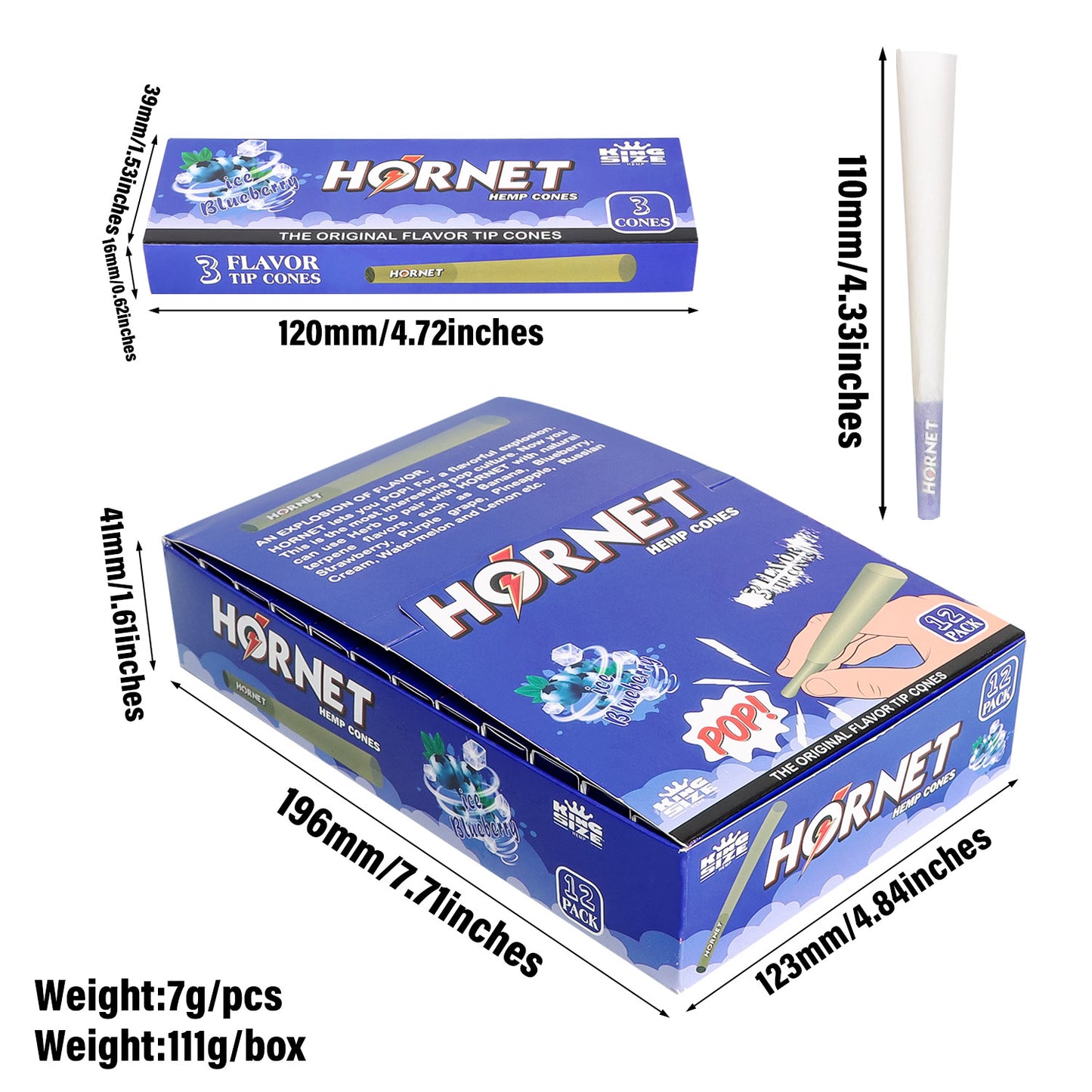 HORNET Blueberry Flavors Pre Rolled Cones With Tips, King Size Pre Rolled Rolling Paper & Flavored Pop, 3 PCS / Pack 12 Pack / Box