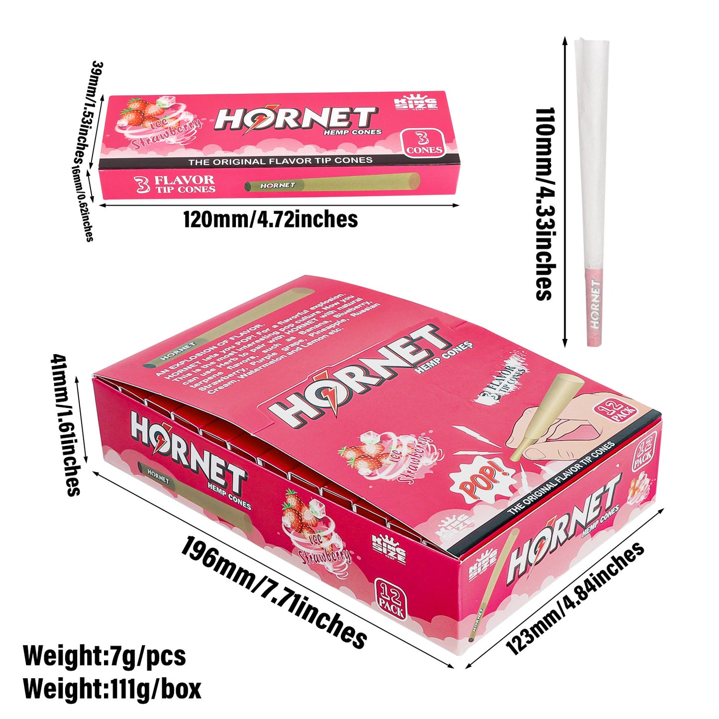 HORNET Strawberry Flavors Pre Rolled Cones With Tips, King Size Pre Rolled Rolling Paper & Flavored Pop, 3 PCS / Pack 12 Pack / Box