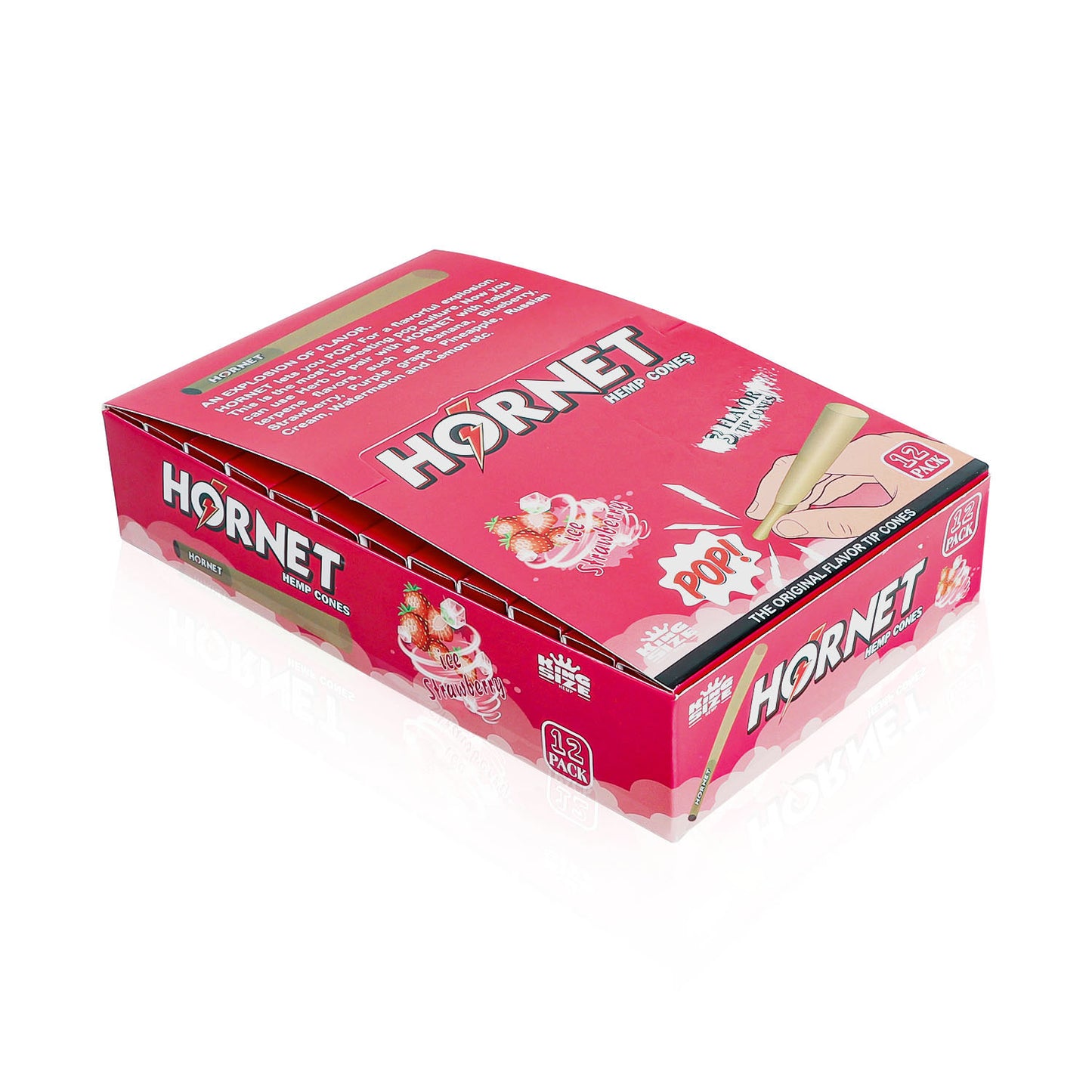 HORNET Strawberry Flavors Pre Rolled Cones With Tips, King Size Pre Rolled Rolling Paper & Flavored Pop, 3 PCS / Pack 12 Pack / Box
