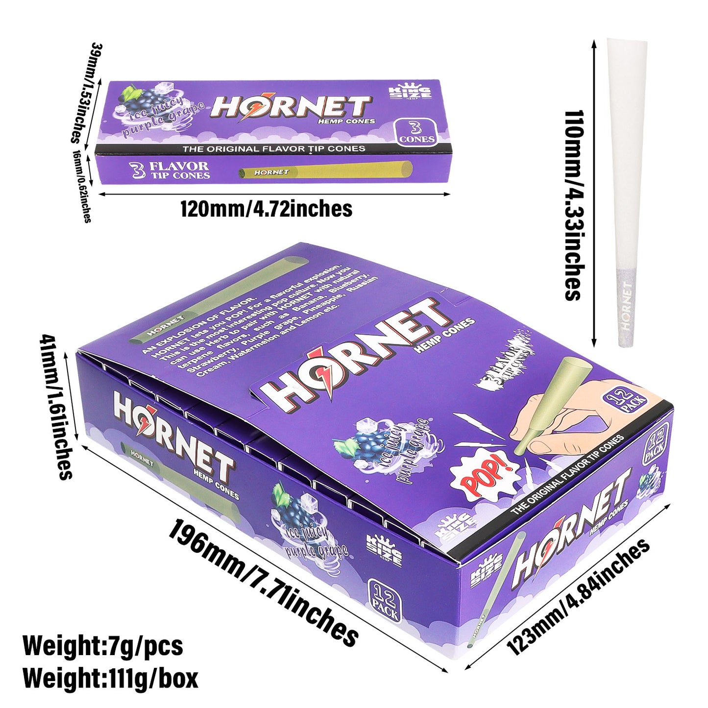 HORNET Grape Flavors Pre Rolled Cones With Tips, King Size Pre Rolled Rolling Paper & Flavored Pop, 3 PCS / Pack 12 Pack / Box