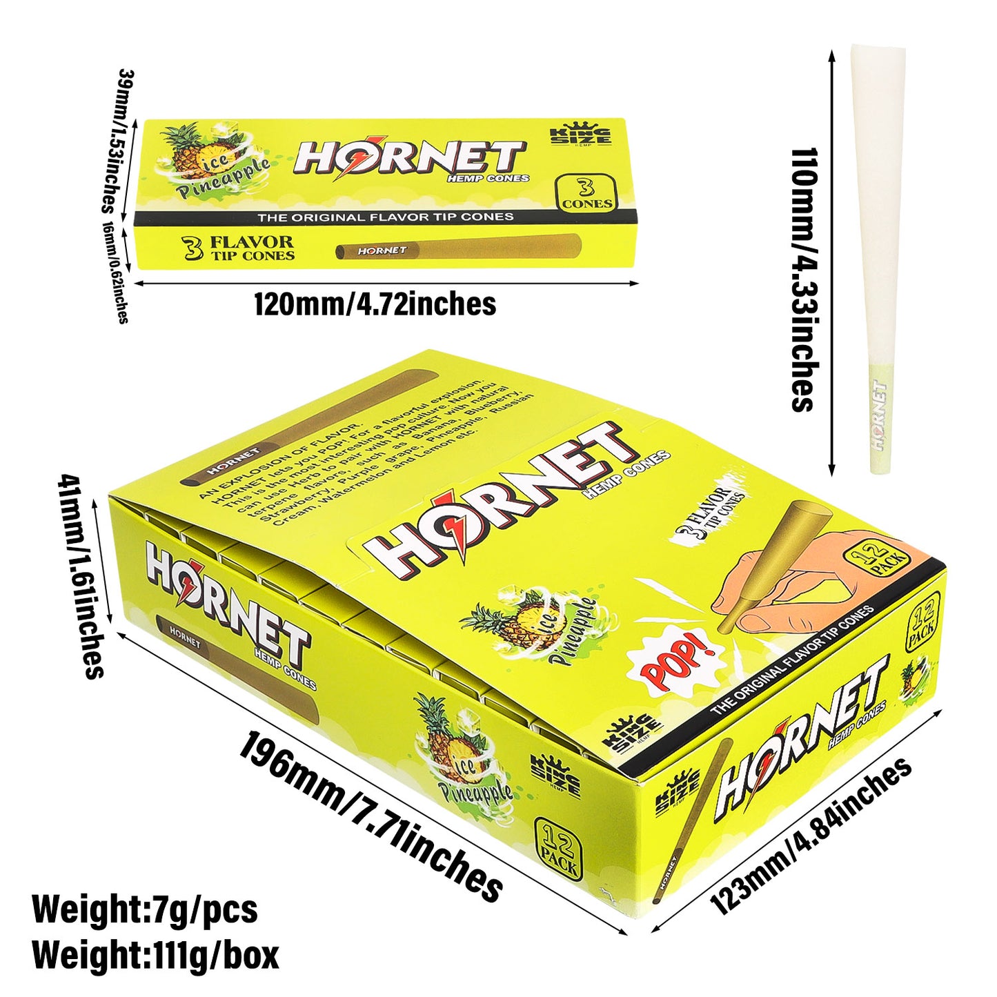 HORNET Ice Pineapple Flavors Pre Rolled Cones With Tips, King Size Pre Rolled Rolling Paper & Flavored Pop, 3 PCS / Pack 12 Pack / Box