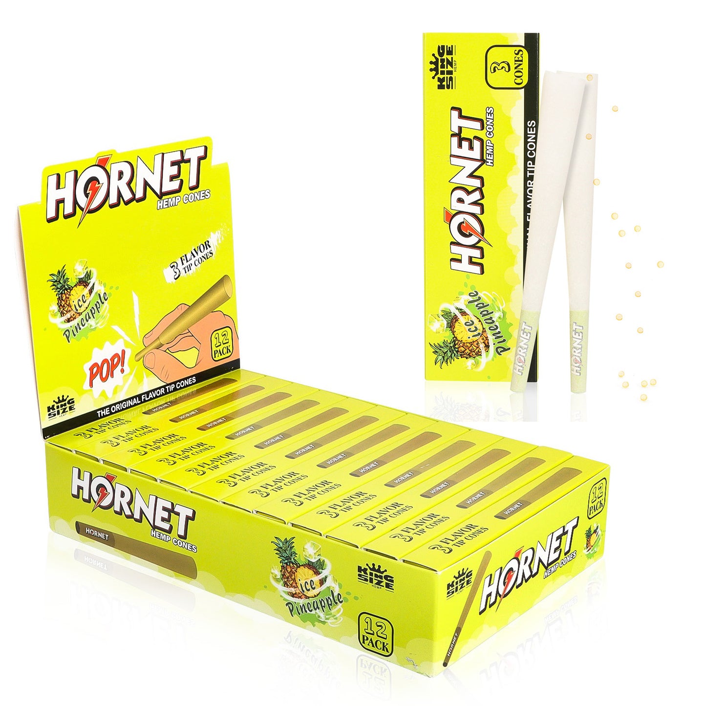 HORNET Ice Pineapple Flavors Pre Rolled Cones With Tips, King Size Pre Rolled Rolling Paper & Flavored Pop, 3 PCS / Pack 12 Pack / Box