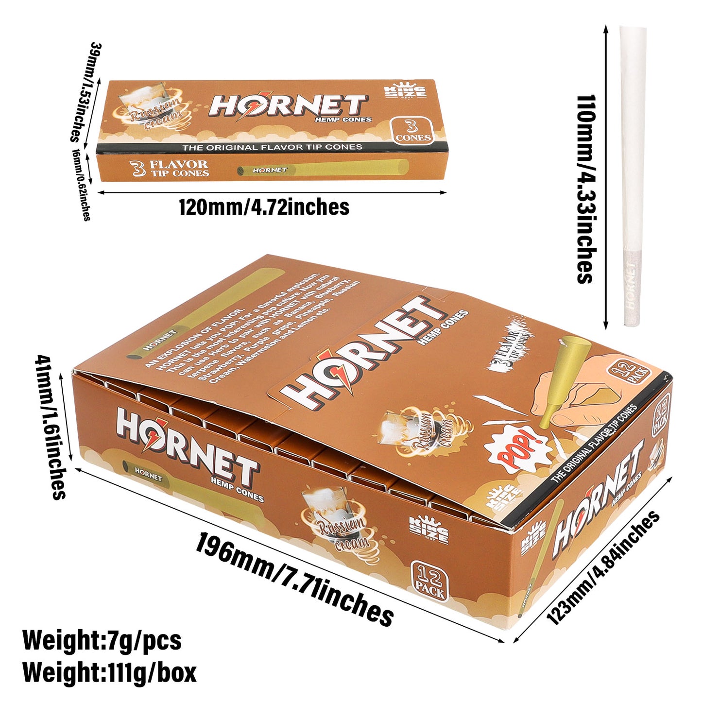 HORNET Russia Cream Flavors Pre Rolled Cones With Tips, King Size Pre Rolled Rolling Paper & Flavored Pop, 3 PCS / Pack 12 Pack / Box