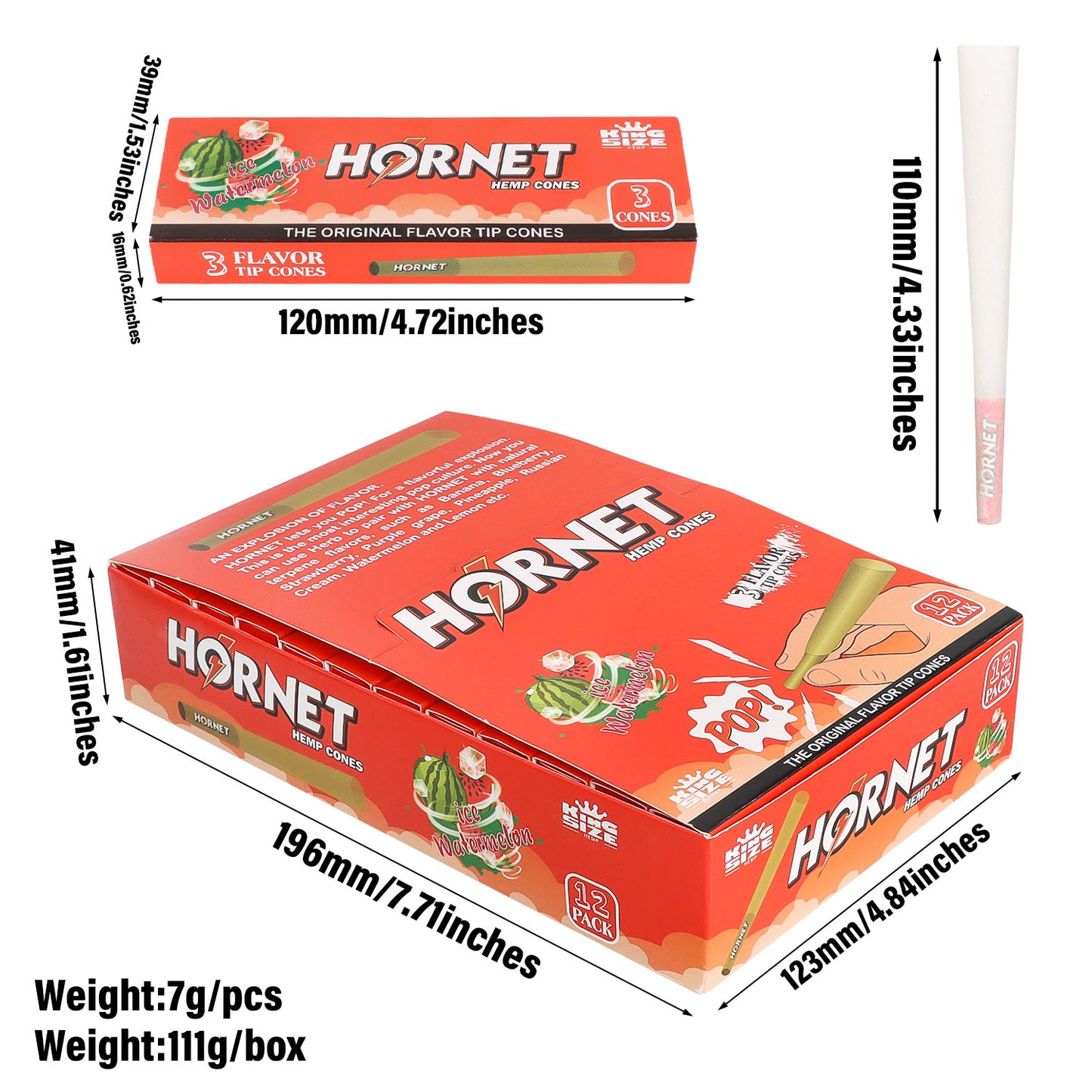 HORNET Ice Watermelon Flavors Pre Rolled Cones With Tips, King Size Pre Rolled Rolling Paper & Flavored Pop, 3 PCS / Pack 12 Pack / Box