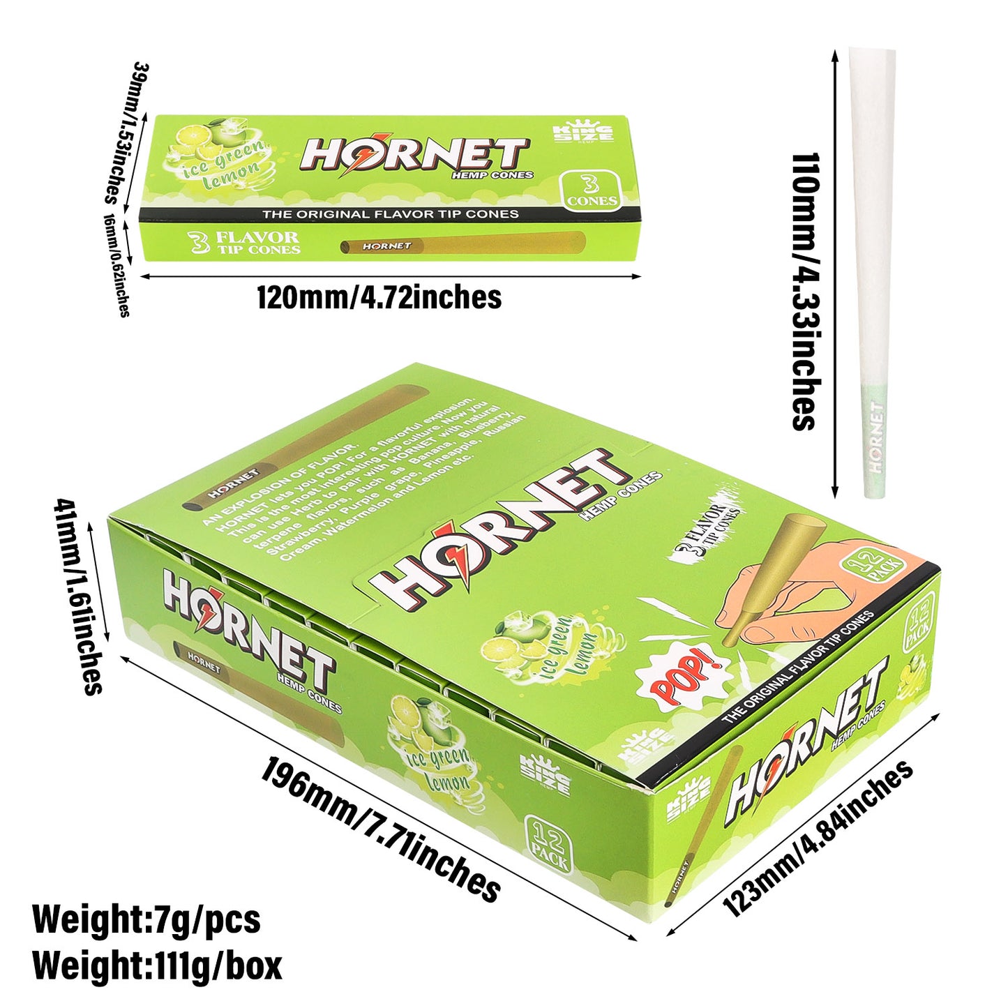 HORNET Ice Green Lemon Flavors Pre Rolled Cones With Tips, King Size Pre Rolled Rolling Paper & Flavored Pop, 3 PCS / Pack 12 Pack / Box