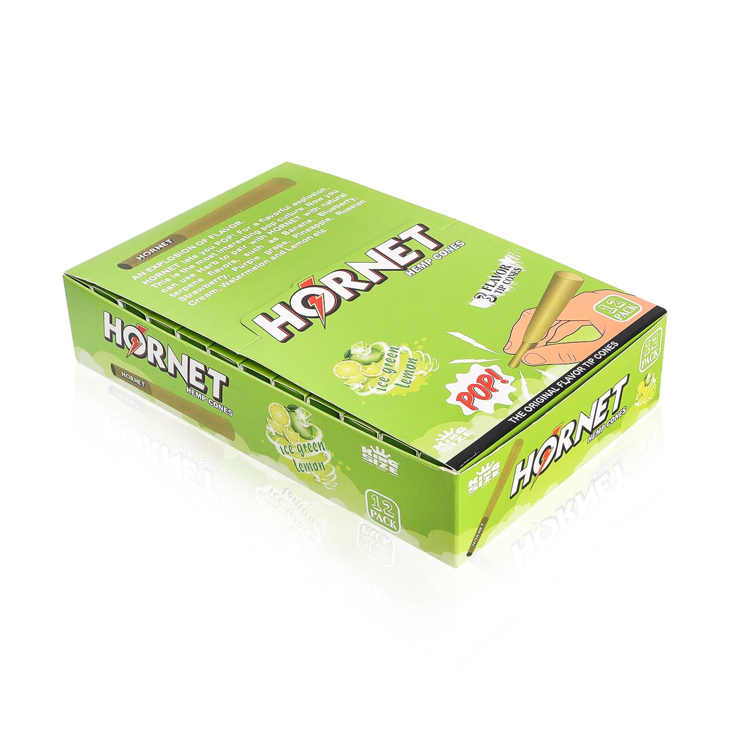 HORNET Ice Green Lemon Flavors Pre Rolled Cones With Tips, King Size Pre Rolled Rolling Paper & Flavored Pop, 3 PCS / Pack 12 Pack / Box