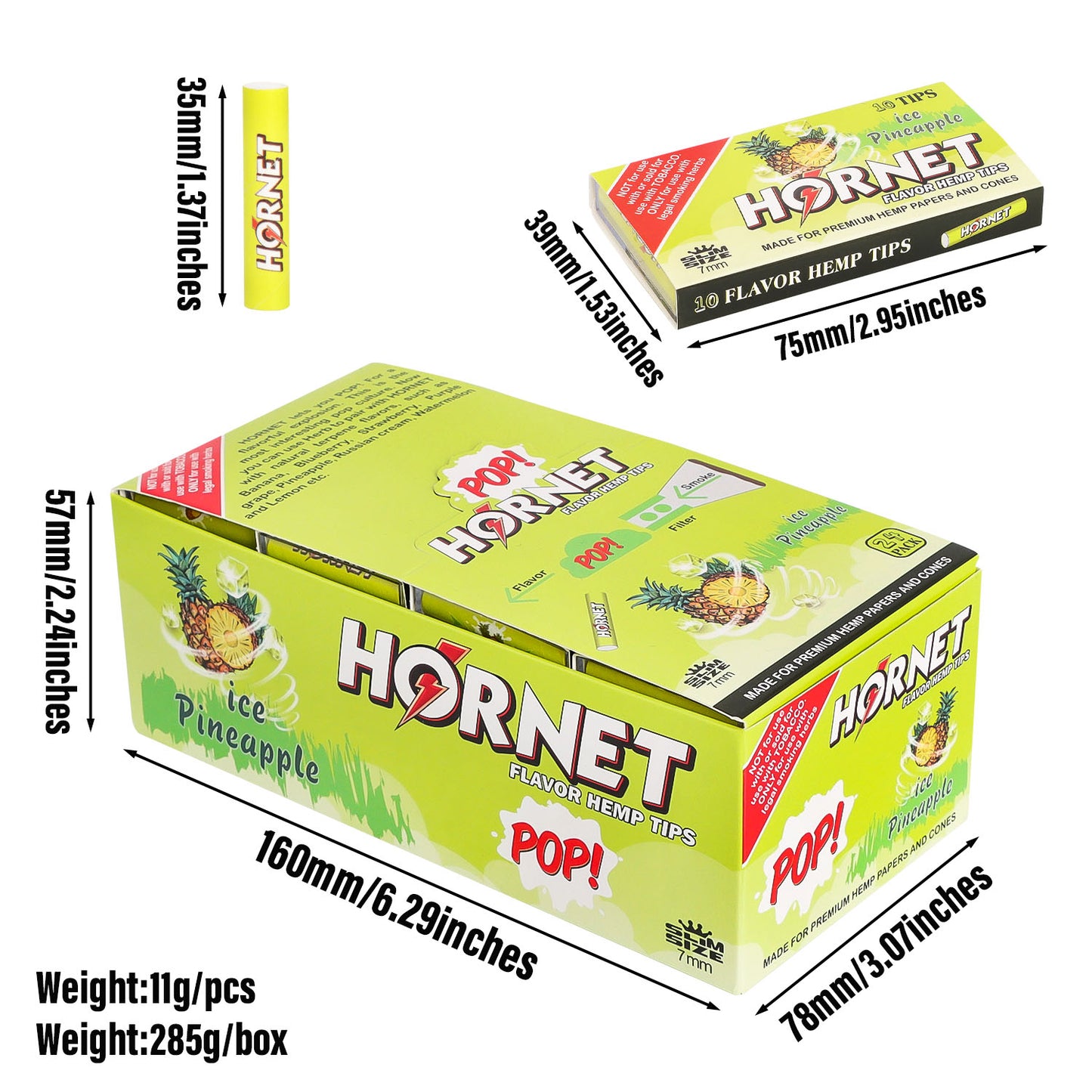 HORNET Pineapple Flavors Filter Tips with Flavored Pop, 7 mm Filter Tips, 10 Tips / Pack 24 Packs / Box
