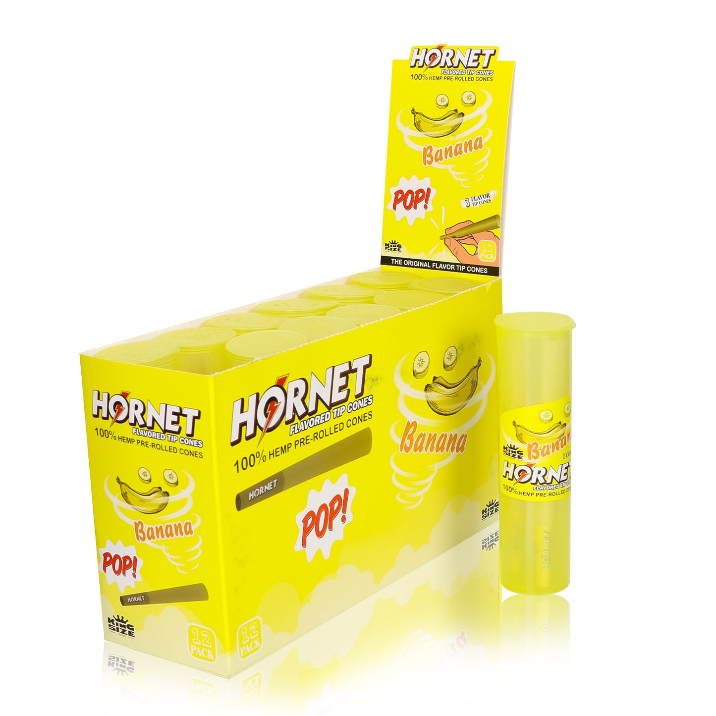 HORNET Banana Flavors Pre Rolled Cones, King Size Pre Rolled Rolling Paper With Tips, Slow Burning Rolling Cones & Flavored Pop, 3 PCS / Tube, 12 Tubes / Box