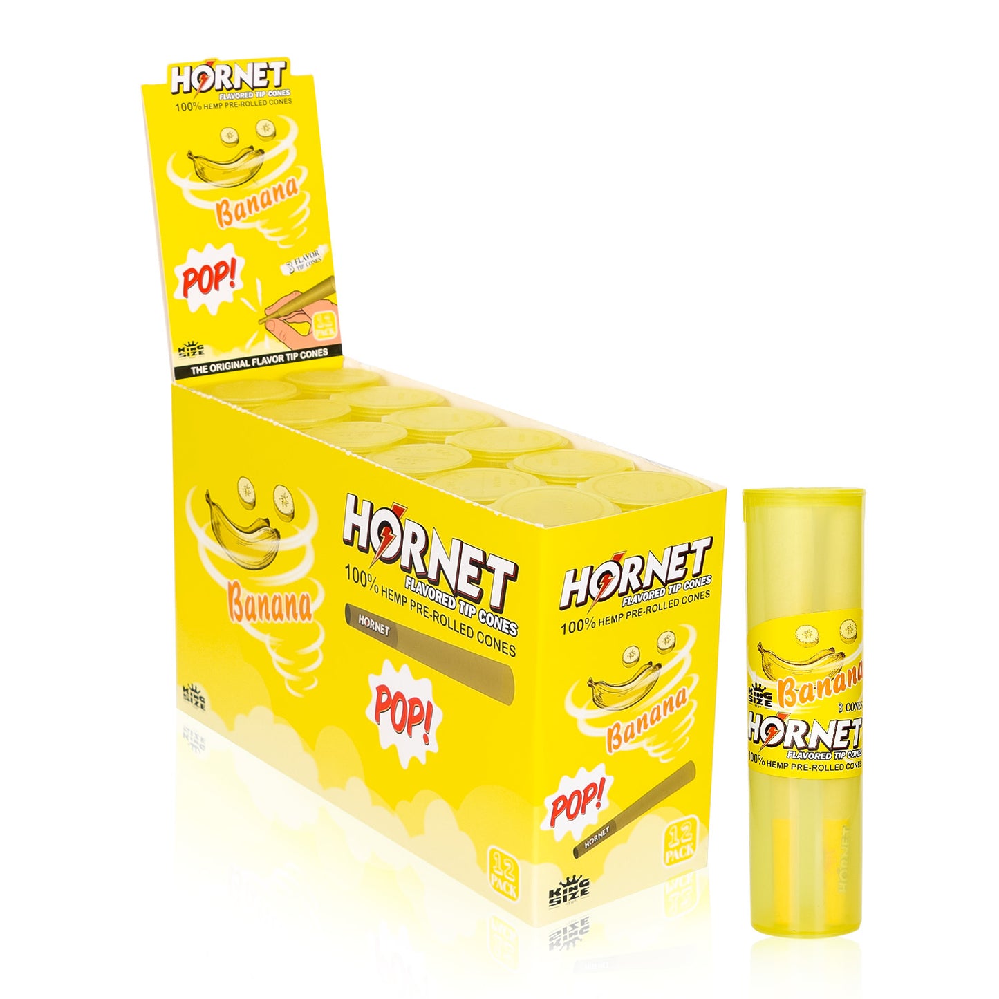HORNET Banana Flavors Pre Rolled Cones, King Size Pre Rolled Rolling Paper With Tips, Slow Burning Rolling Cones & Flavored Pop, 3 PCS / Tube, 12 Tubes / Box