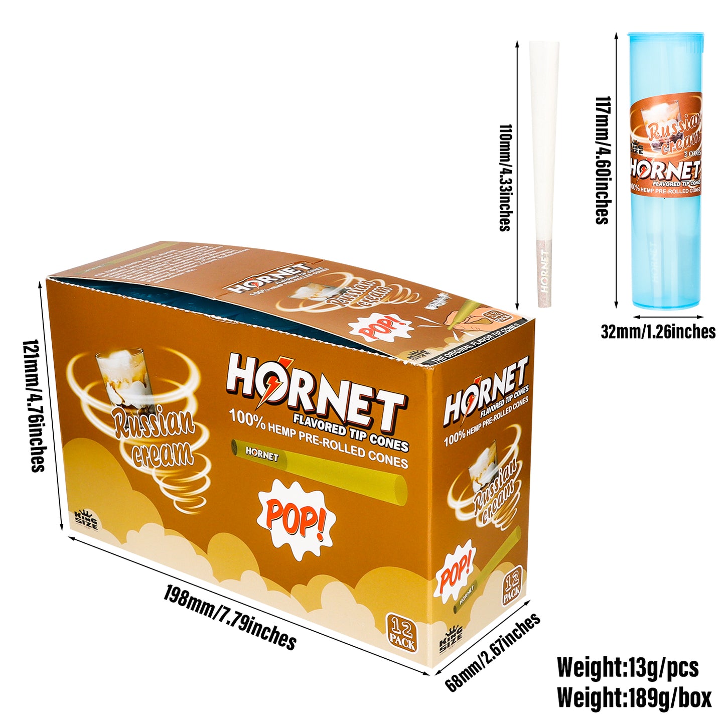HORNET Cream Flavors Pre Rolled Cones, King Size Pre Rolled Rolling Paper With Tips, Slow Burning Rolling Cones & Flavored Pop, 3 PCS / Tube, 12 Tubes / Box
