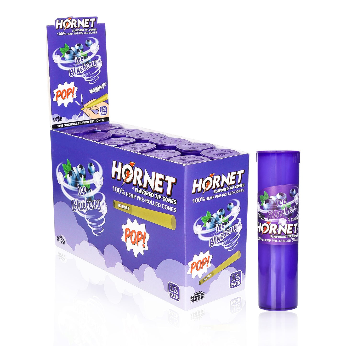 HORNET Blueberry Flavors Pre Rolled Cones, King Size Pre Rolled Rolling Paper With Tips, Slow Burning Rolling Cones & Flavored Pop, 3 PCS / Tube, 12 Tubes / Box