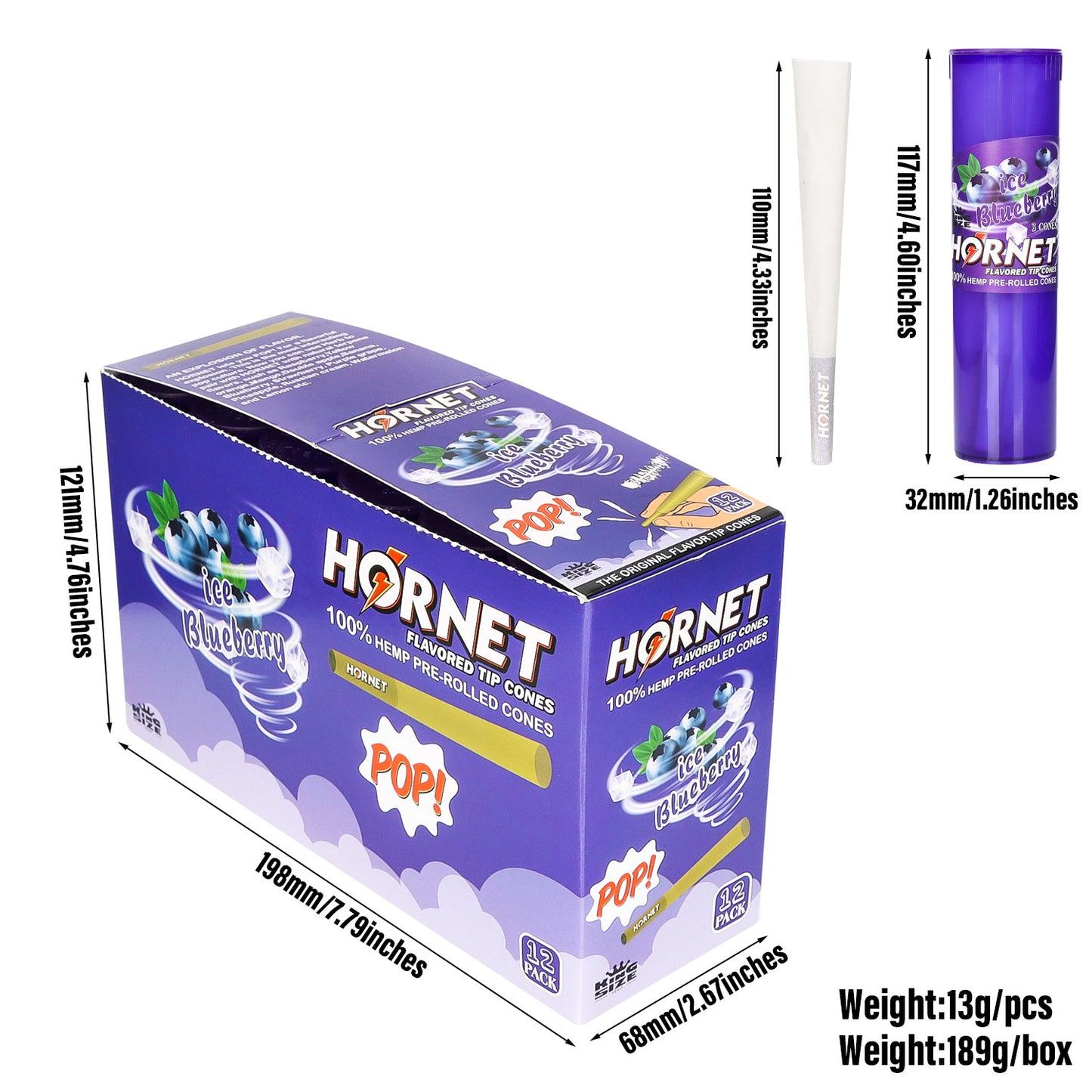 HORNET Blueberry Flavors Pre Rolled Cones, King Size Pre Rolled Rolling Paper With Tips, Slow Burning Rolling Cones & Flavored Pop, 3 PCS / Tube, 12 Tubes / Box