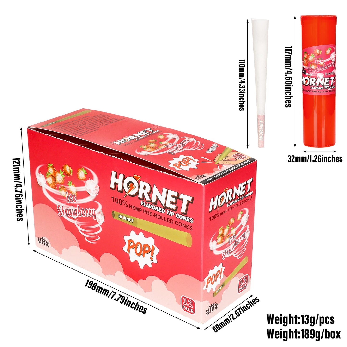 HORNET Strawberry Flavors Pre Rolled Cones, King Size Pre Rolled Rolling Paper With Tips, Slow Burning Rolling Cones & Flavored Pop, 3 PCS / Tube, 12 Tubes / Box