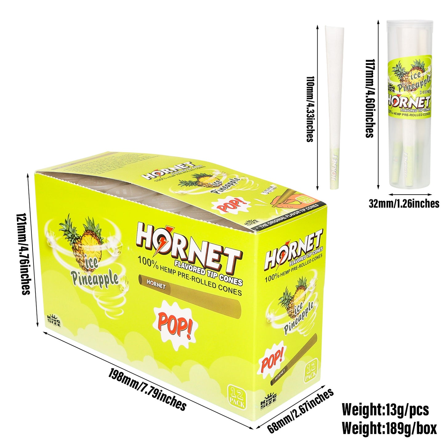 HORNET Pineapple Flavors Pre Rolled Cones, King Size Pre Rolled Rolling Paper With Tips, Slow Burning Rolling Cones & Flavored Pop, 3 PCS / Tube, 12 Tubes / Box