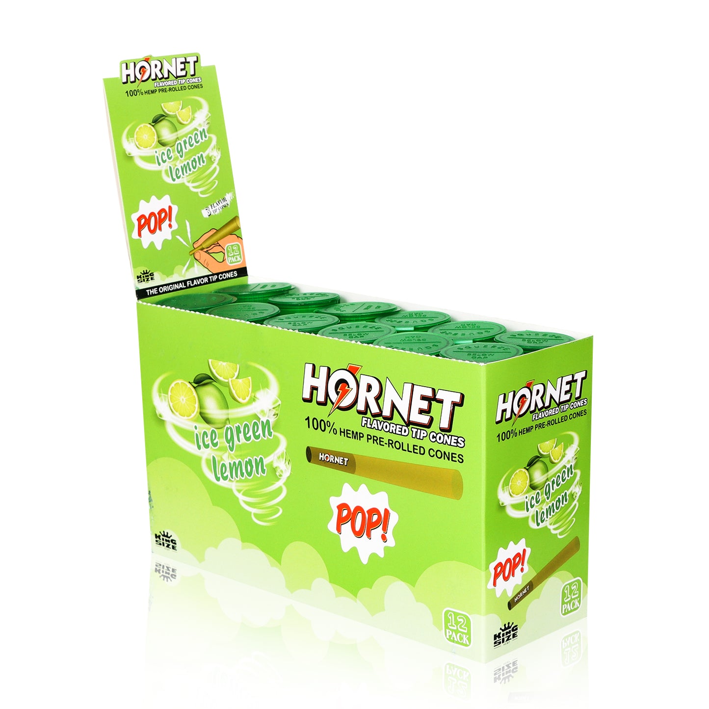 HORNET Ice Green Lemon Flavors Pre Rolled Cones, King Size Pre Rolled Rolling Paper With Tips, Slow Burning Rolling Cones & Flavored Pop, 3 PCS / Tube, 12 Tubes / Box