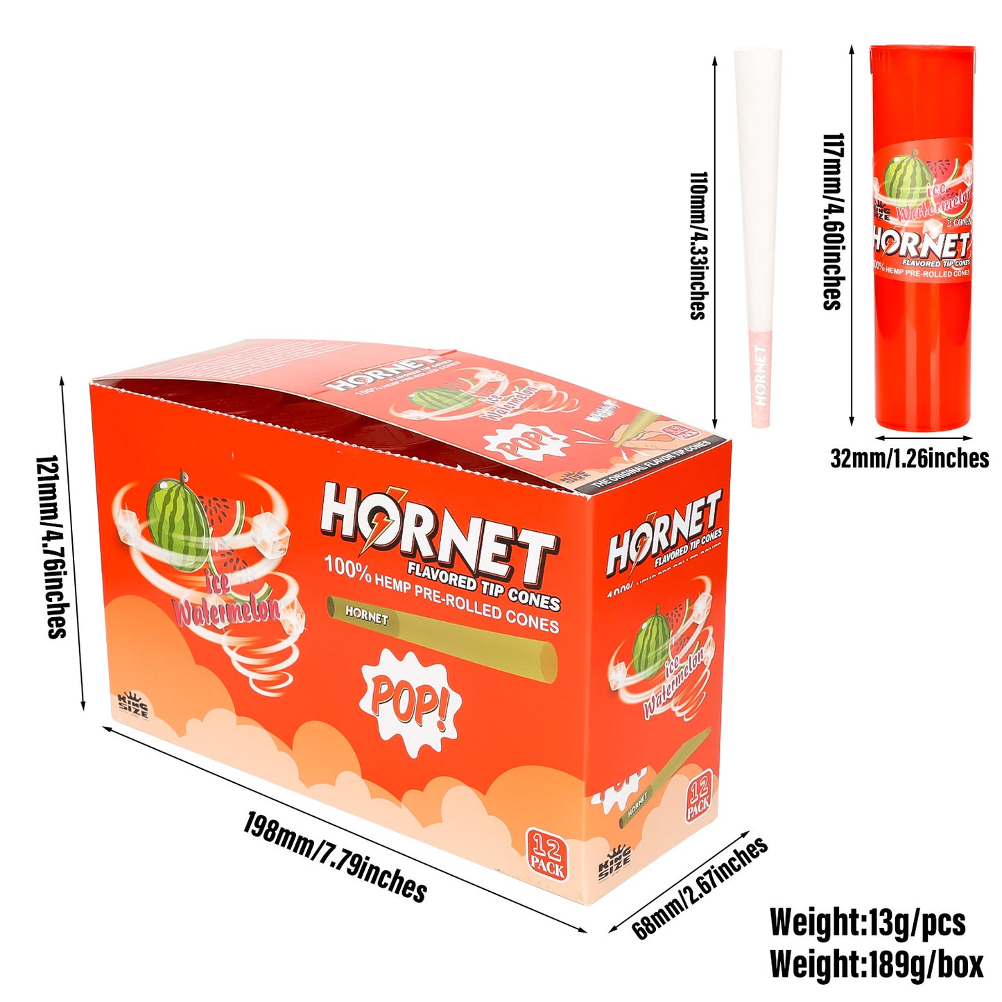 HORNET Watermelon Flavors Pre Rolled Cones, King Size Pre Rolled Rolling Paper With Tips, Slow Burning Rolling Cones & Flavored Pop, 3 PCS / Tube, 12 Tubes / Box