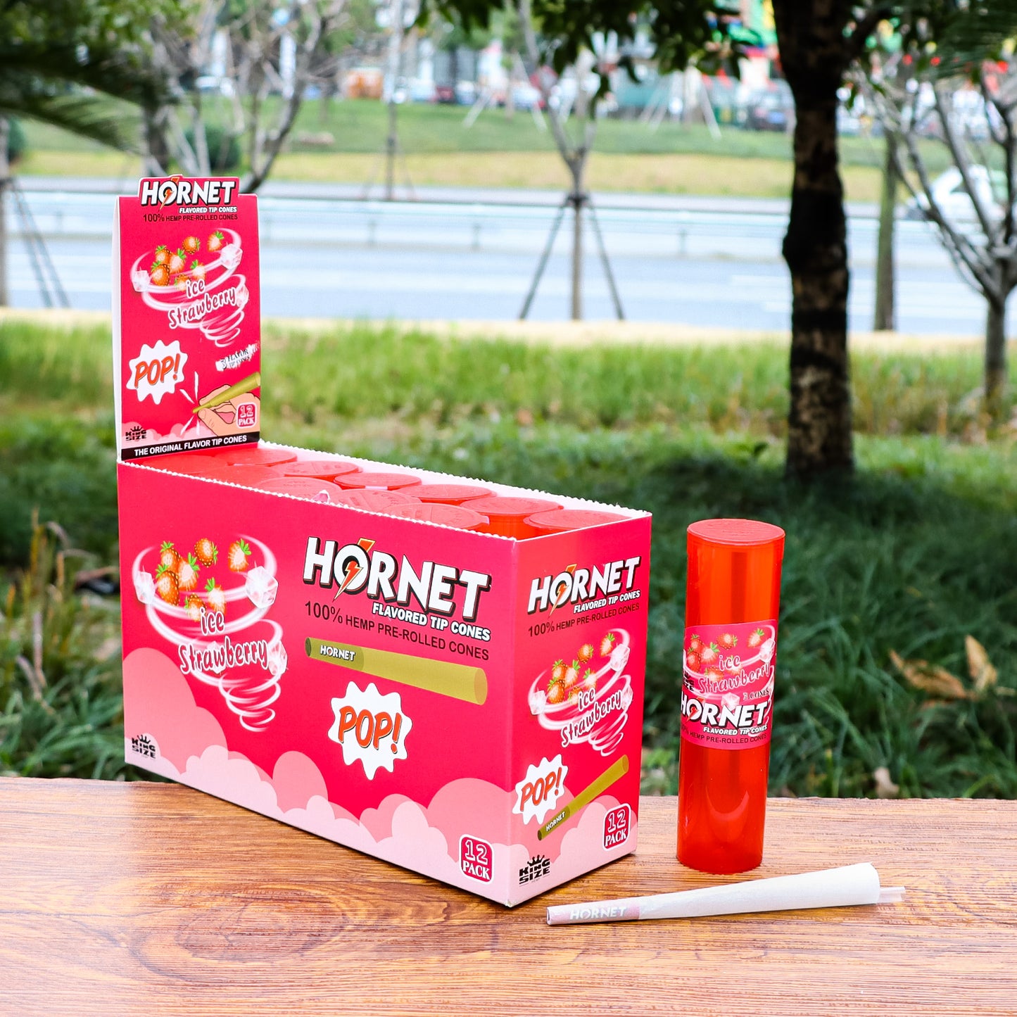HORNET Strawberry Flavors Pre Rolled Cones, King Size Pre Rolled Rolling Paper With Tips, Slow Burning Rolling Cones & Flavored Pop, 3 PCS / Tube, 12 Tubes / Box