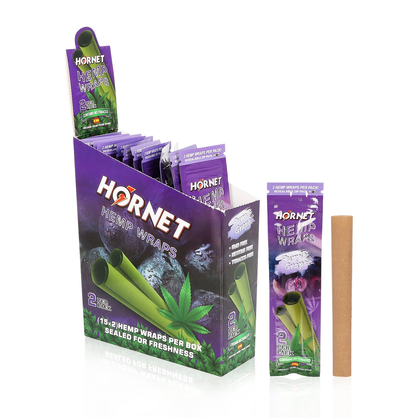 Hornet Grape Flavoured Hemp Blunt Wraps 30 Hemp Wraps Per Box