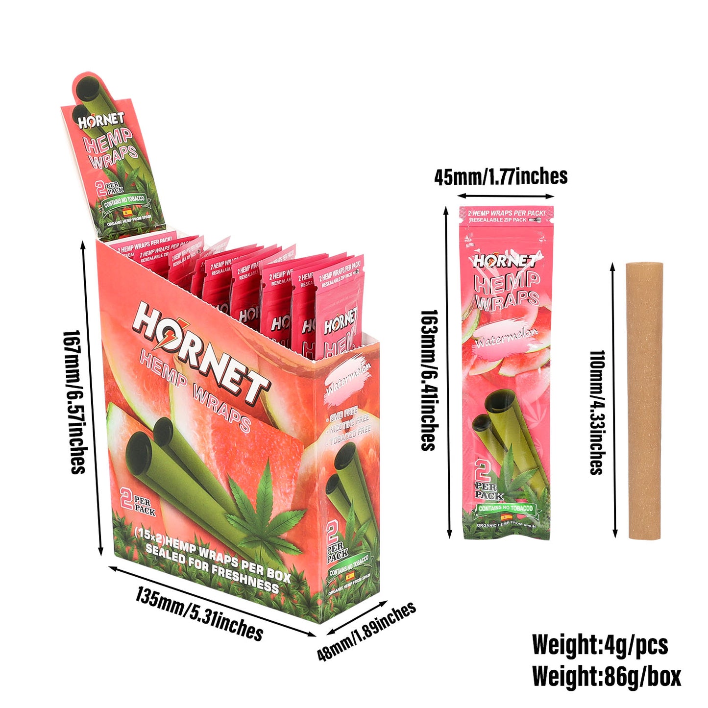 Hornet Watermelon Flavoured Hemp Blunt Wraps 30 Hemp Wraps Per Box