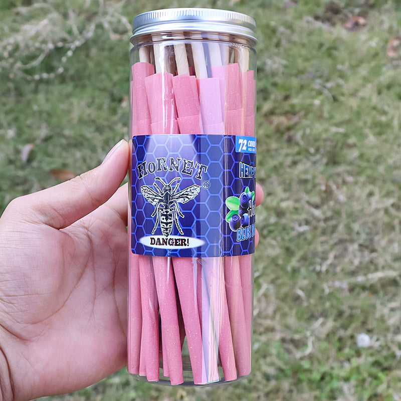 HORNET Blueberry Flavored Pink Pre Rolled Cones, King Size Pre Rolled Rolling Paper with tips, Slow Burning Rolling Cones & load, 72 PCS / Jar