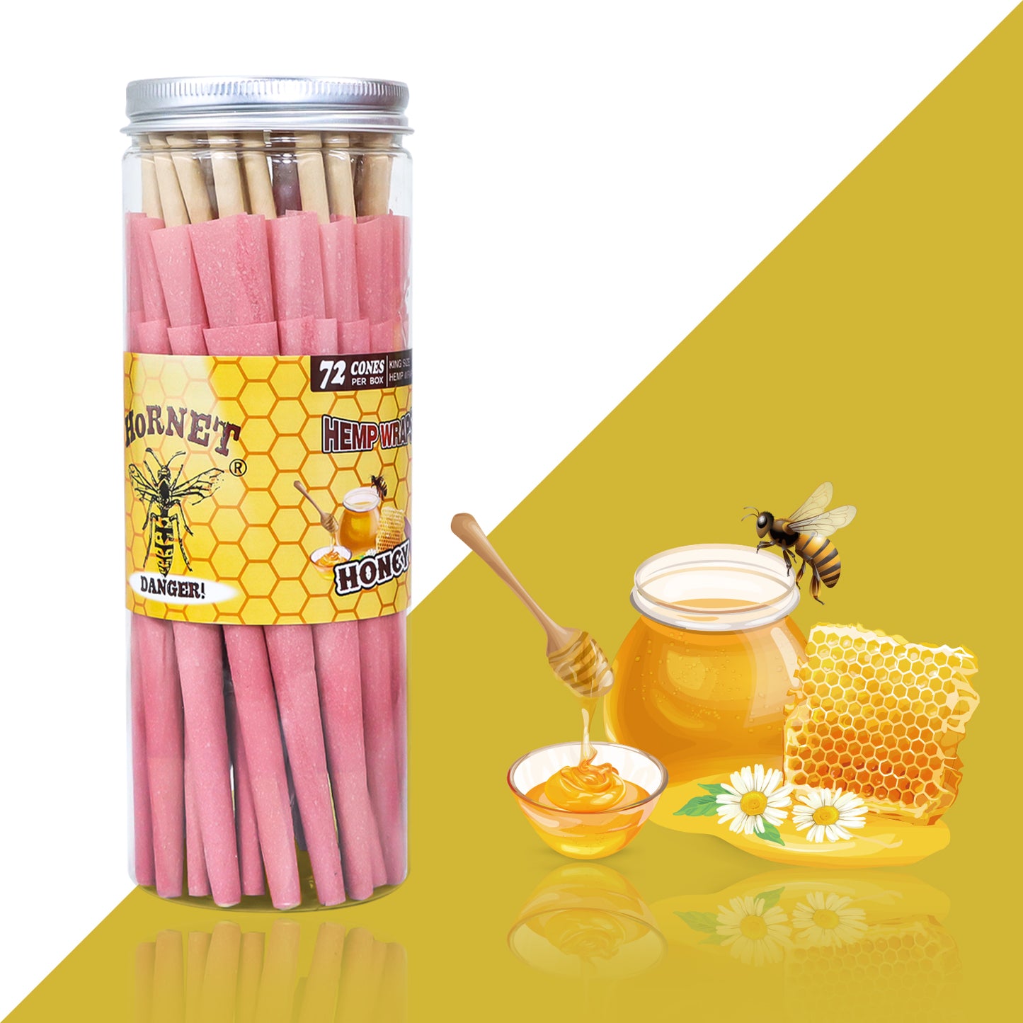 HORNET Honey Flavored Pink Pre Rolled Cones, King Size Pre Rolled Rolling Paper with tips, Slow Burning Rolling Cones & load, 72 PCS / Jar
