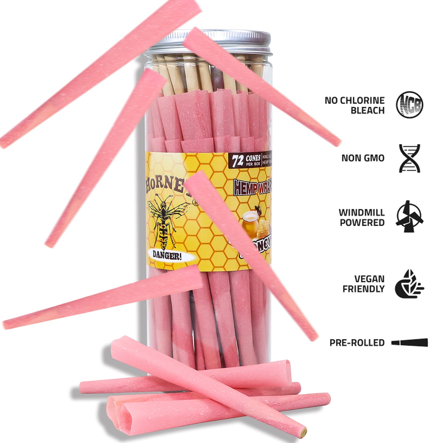 HORNET Honey Flavored Pink Pre Rolled Cones, King Size Pre Rolled Rolling Paper with tips, Slow Burning Rolling Cones & load, 72 PCS / Jar