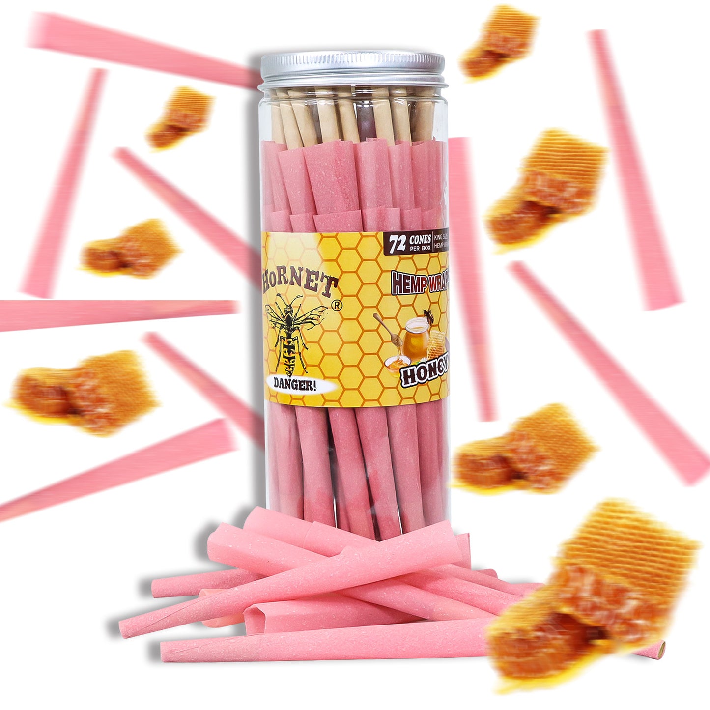 HORNET Honey Flavored Pink Pre Rolled Cones, King Size Pre Rolled Rolling Paper with tips, Slow Burning Rolling Cones & load, 72 PCS / Jar