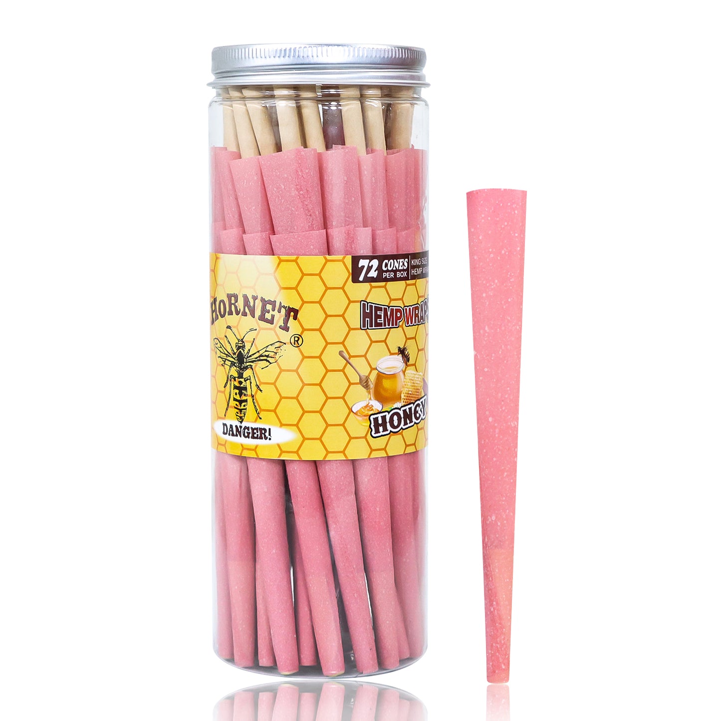 HORNET Honey Flavored Pink Pre Rolled Cones, King Size Pre Rolled Rolling Paper with tips, Slow Burning Rolling Cones & load, 72 PCS / Jar