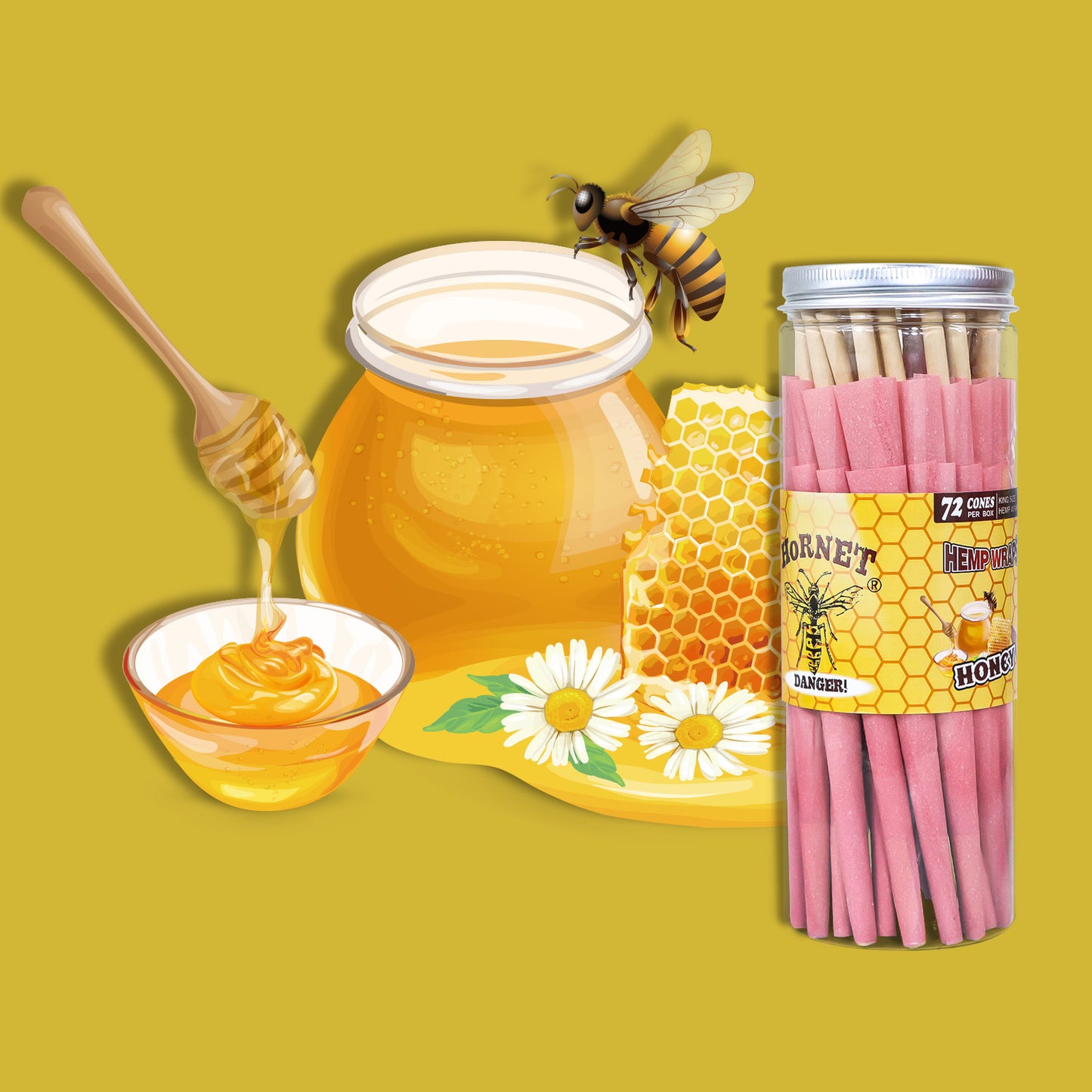 HORNET Honey Flavored Pink Pre Rolled Cones, King Size Pre Rolled Rolling Paper with tips, Slow Burning Rolling Cones & load, 72 PCS / Jar