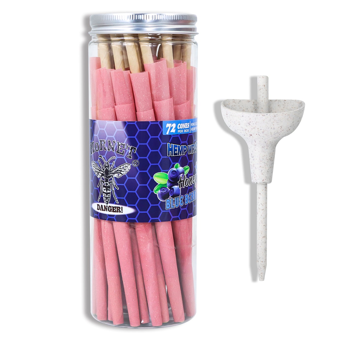 HORNET Blueberry Flavored Pink Pre Rolled Cones, King Size Pre Rolled Rolling Paper with tips, Slow Burning Rolling Cones & load, 72 PCS / Jar