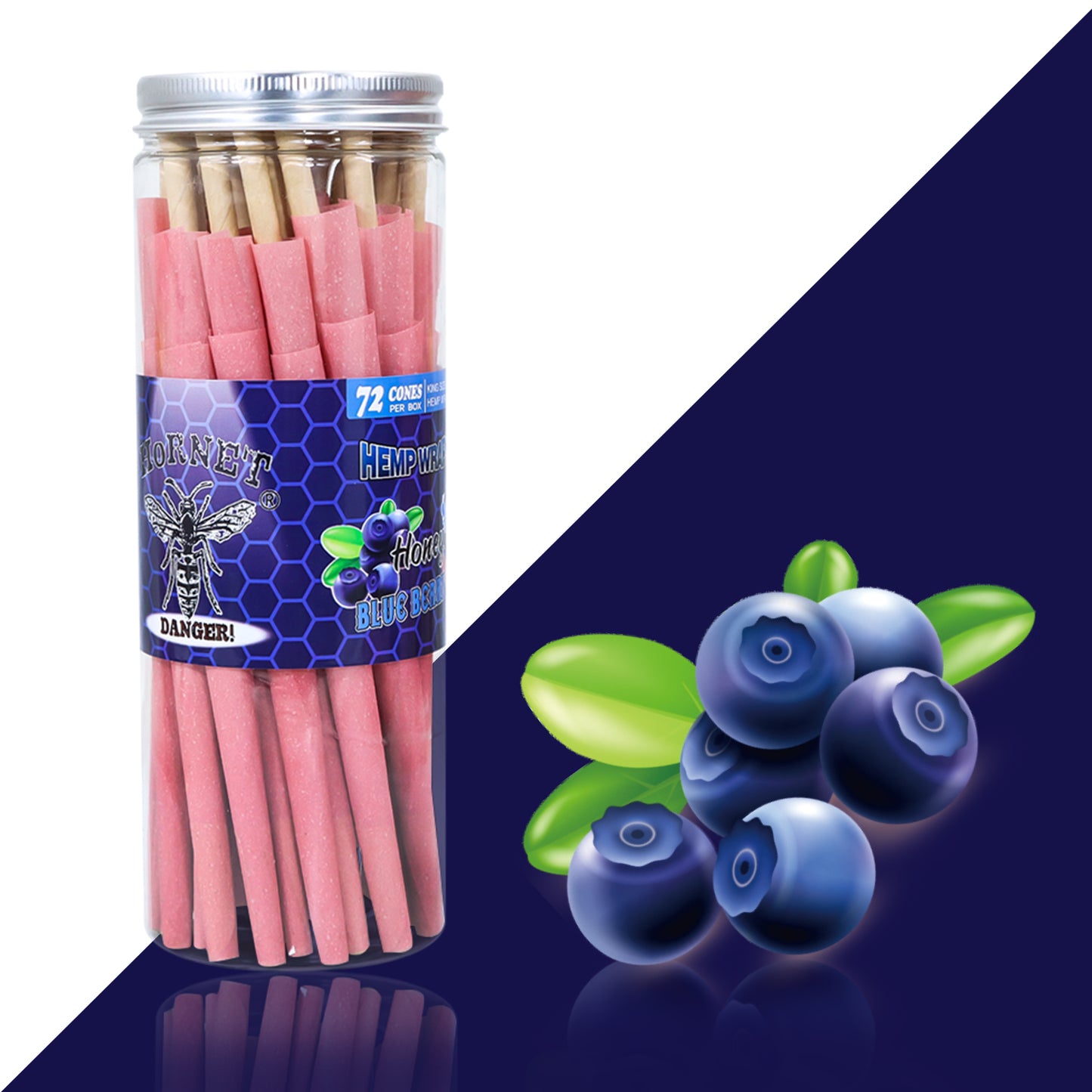 HORNET Blueberry Flavored Pink Pre Rolled Cones, King Size Pre Rolled Rolling Paper with tips, Slow Burning Rolling Cones & load, 72 PCS / Jar