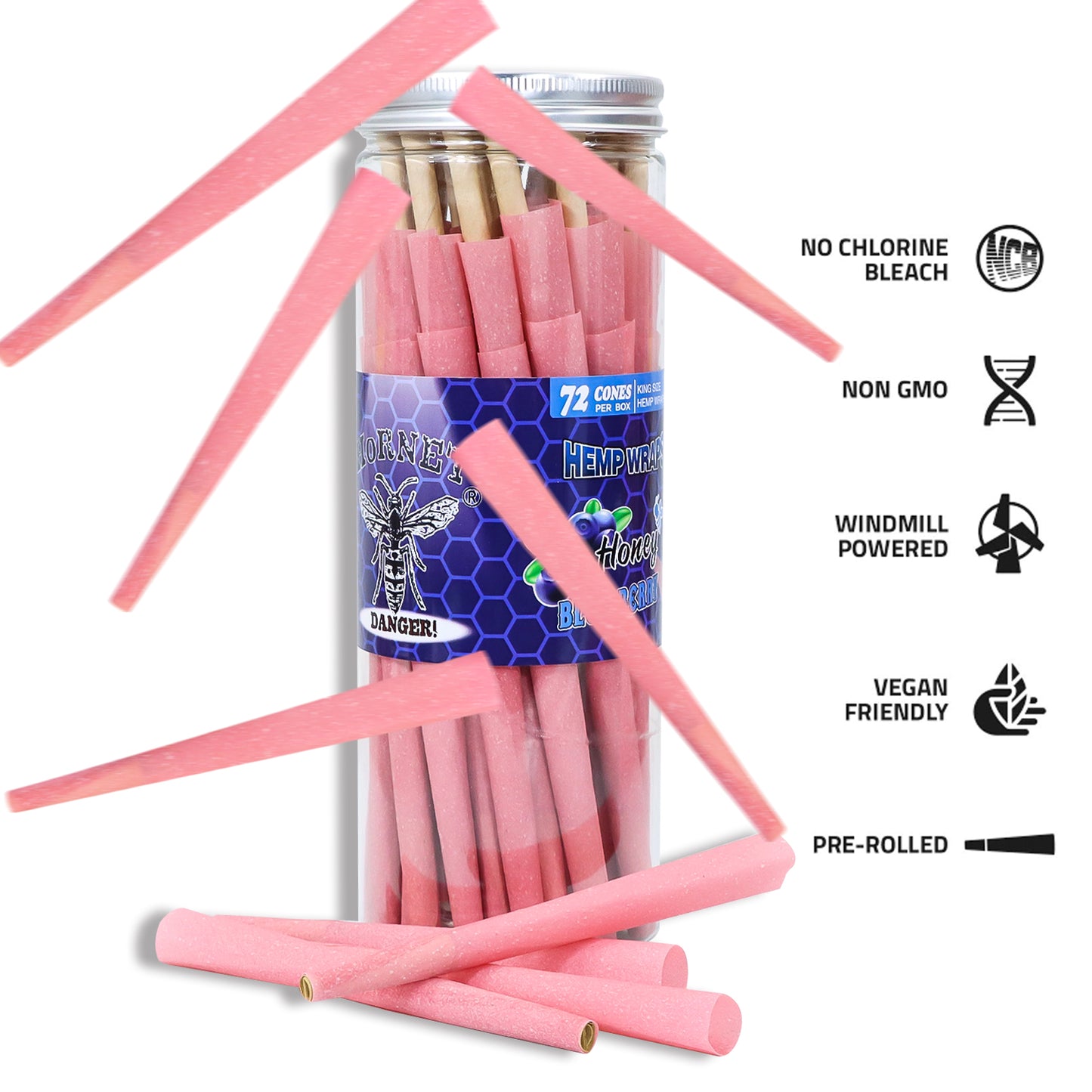 HORNET Blueberry Flavored Pink Pre Rolled Cones, King Size Pre Rolled Rolling Paper with tips, Slow Burning Rolling Cones & load, 72 PCS / Jar