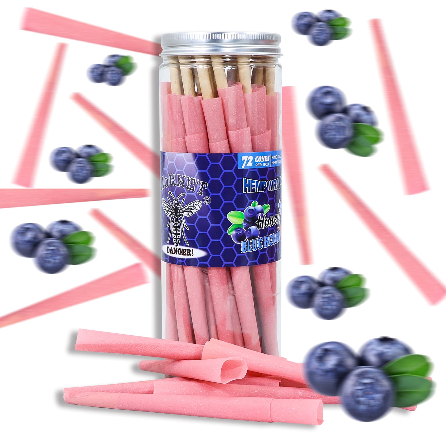 HORNET Blueberry Flavored Pink Pre Rolled Cones, King Size Pre Rolled Rolling Paper with tips, Slow Burning Rolling Cones & load, 72 PCS / Jar